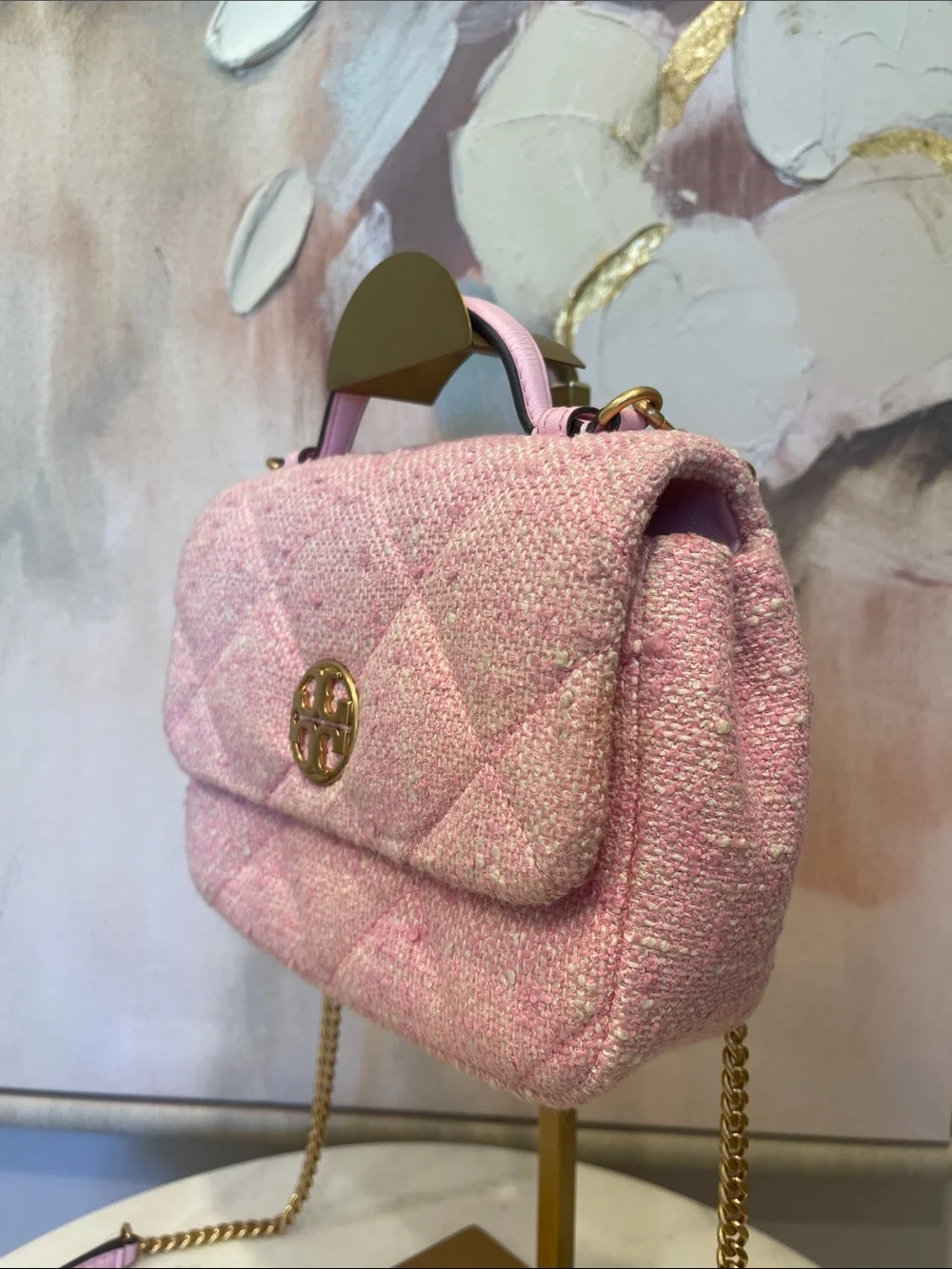 Tory Burch Quilted Tweed Mini Top Handle with Crossbody in Pink